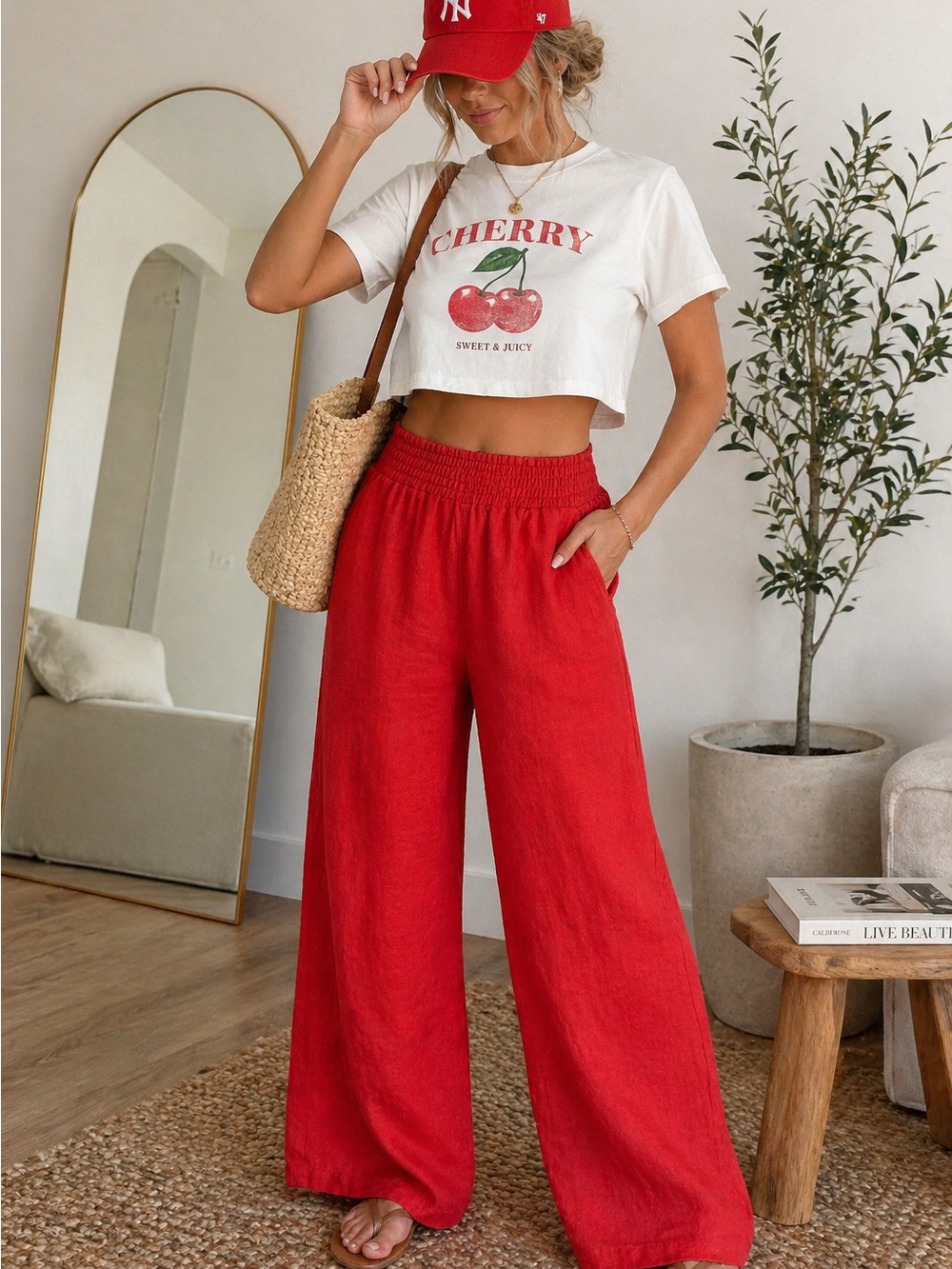 Crown & Ivy Red 100% Linen Wide Leg Pants Smocked Waist L